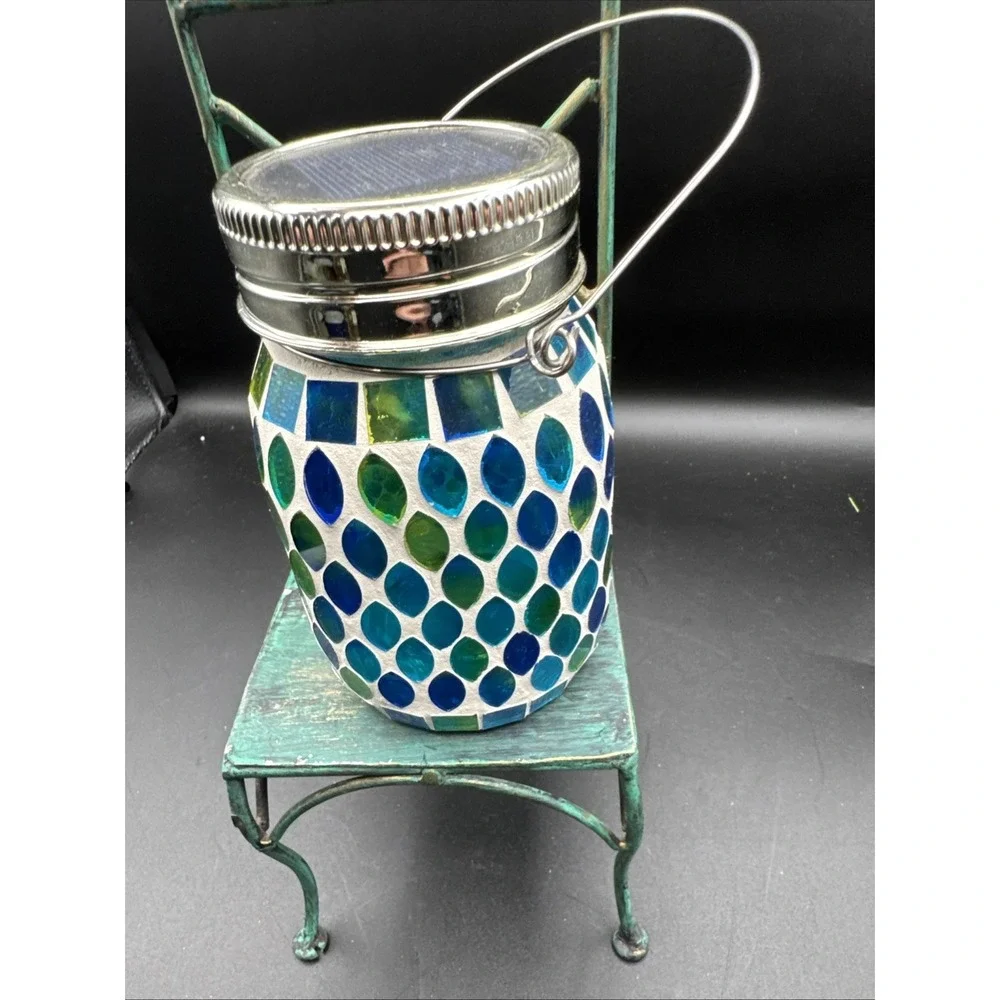 Solar Powered LED Light  Mason Glass Jar Mosaic Green Blue Coastal Cottagecore